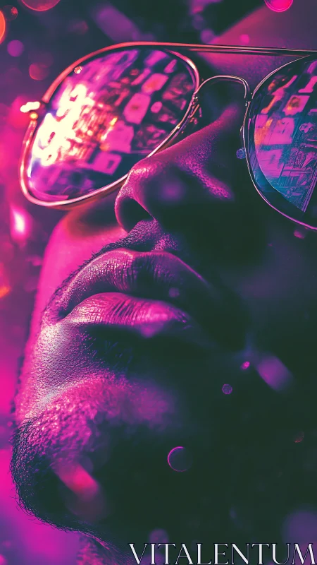 Neon city reflections glow across relaxed mirrored shades