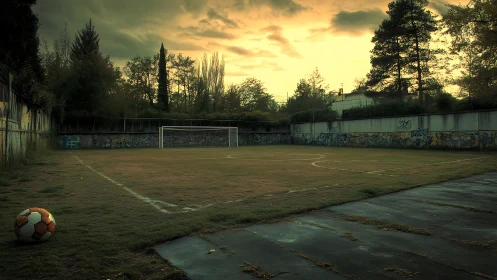 Abandoned urban football pitch under moody sunset illumination
