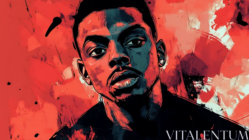 Bold digital portrait against vivid red abstract backdrop.