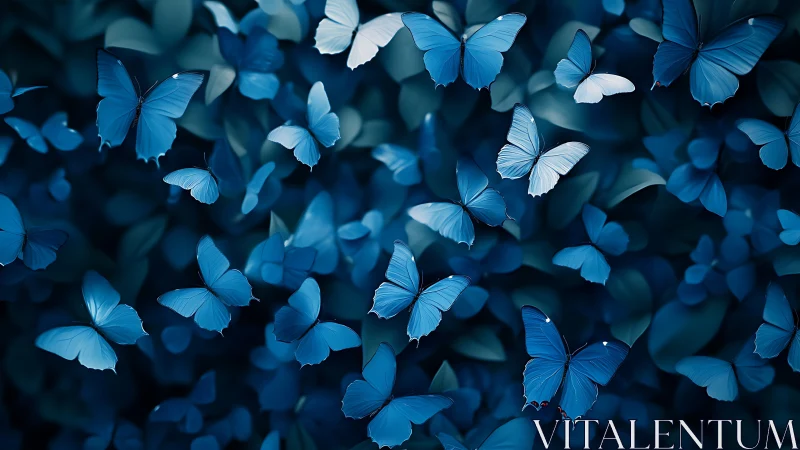 Blue butterflies drift over soft-focus foliage in motion