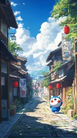 Cute mascot walks through sunlit traditional alley