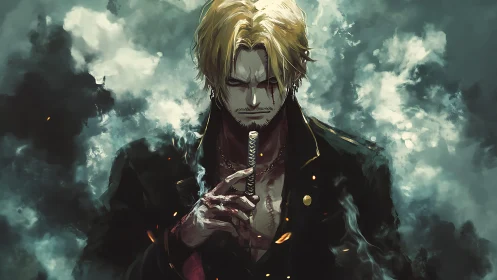 Stormlit swordsman in brooding anime noir atmosphere.