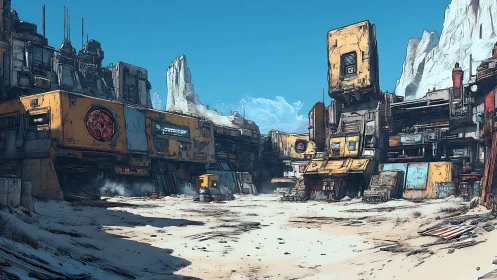 Desert industrial outpost with modular structures and cliffs.