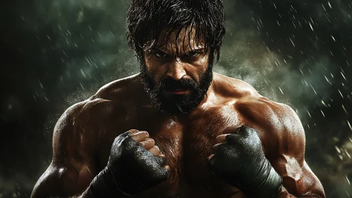 Rain-soaked muscular boxer portrait in intense frontal stance