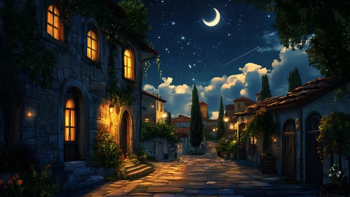 Quiet stone village street under crescent moonlit sky.