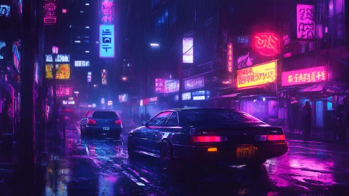 Neon drenched rain street with retro coupe under magenta glare.