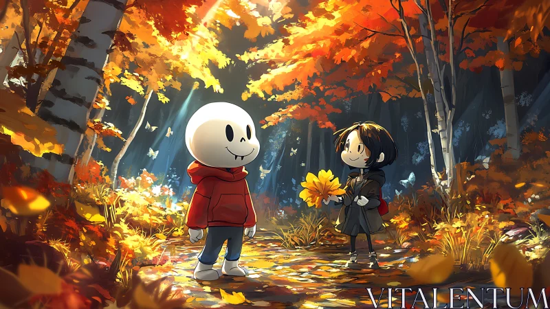 Cozy forest stroll with two autumn friends in golden light.