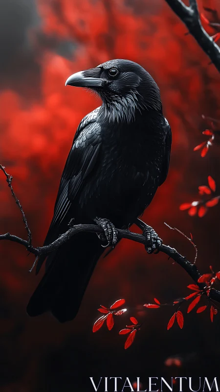 Midnight raven perched in a crimson storm of leaves.