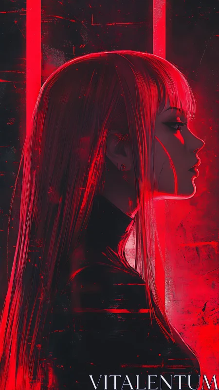 Neon red profile portrait of cyberpunk woman in shadow.