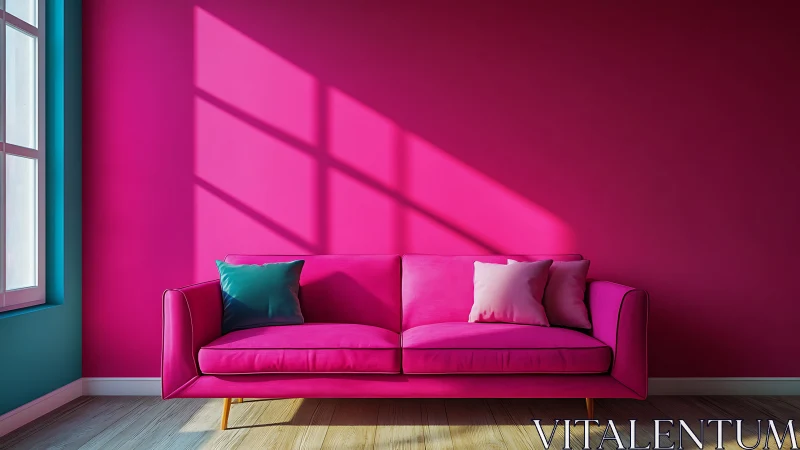 Sunlit pink sofa in a bold modern living room glow.