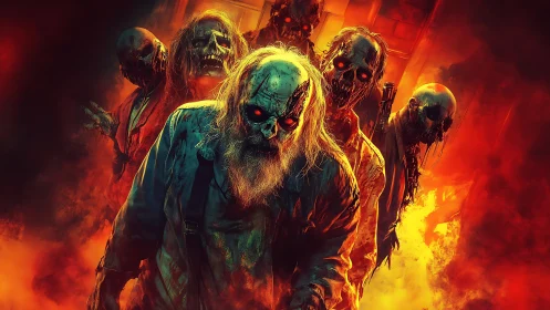 Burning corridor zombies advance through saturated infernal backlight