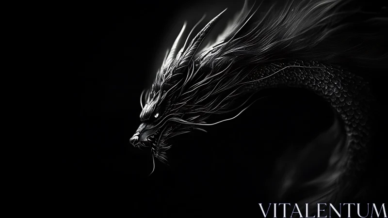 Monochrome serpentine dragon rendered in high-contrast relief.