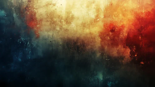 Abstract misty landscape with rich blue, gold, and red textures.