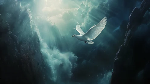 White dove ascends through abyssal chasm under volumetric light