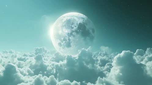 Surreal moon rising above luminous turquoise cloud sea.