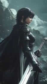 Resolute dark-haired knight stands ready in misty highlands.