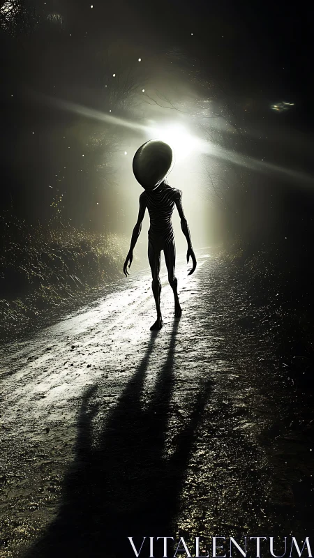 Mysterious visitor strolling toward a glowing forest light.