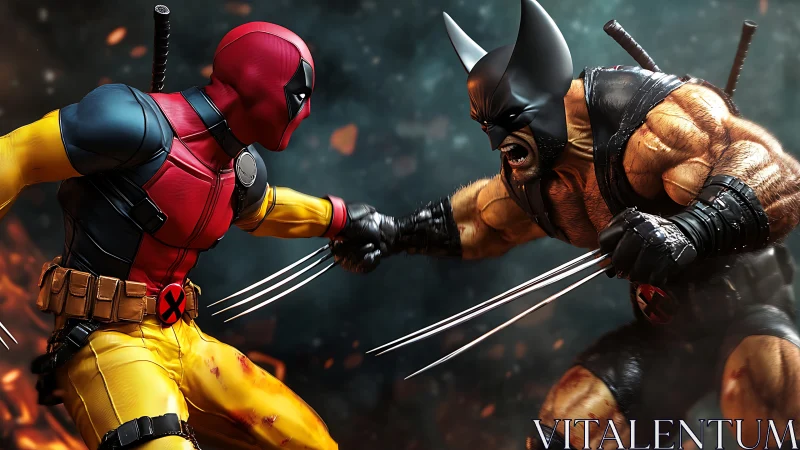 3D hyperreal clash of dual-clawed armored antiheroes in combat.