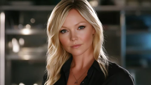 Warm portrait of a confident woman with soft blonde waves.