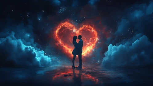 Silhouette couple kiss against glowing heart-shaped fire formation
