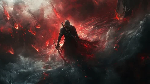 Hooded warrior strides through infernal stormlit sea