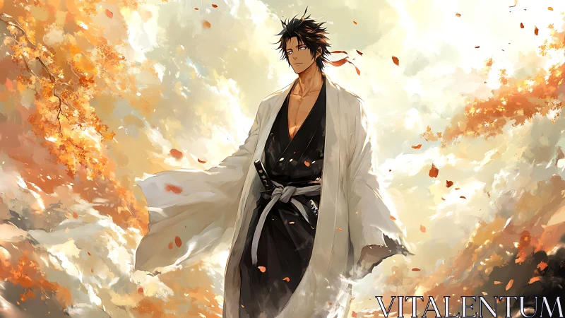 Samurai warrior stands calm amid radiant autumn storm