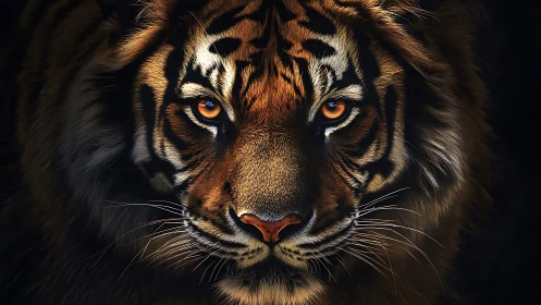 Photorealistic tiger portrait with dramatic low key lighting.