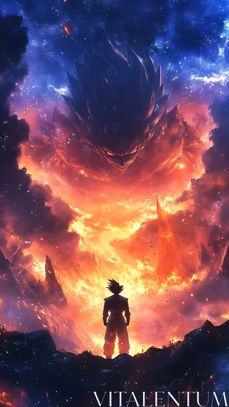 Volcanic energy confrontation under colossal spectral avatar.