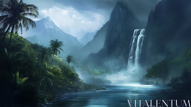 Tropical gorge with waterfall cascading into misty valley basin