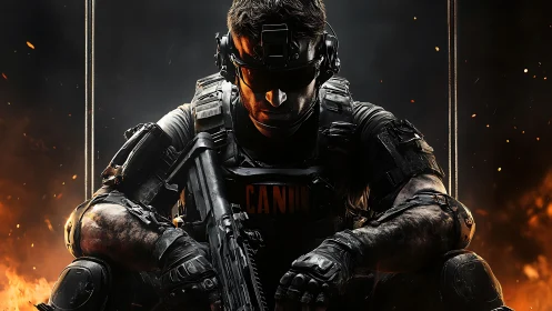 Battle-hardened cyber soldier crouches in embers and shadow.