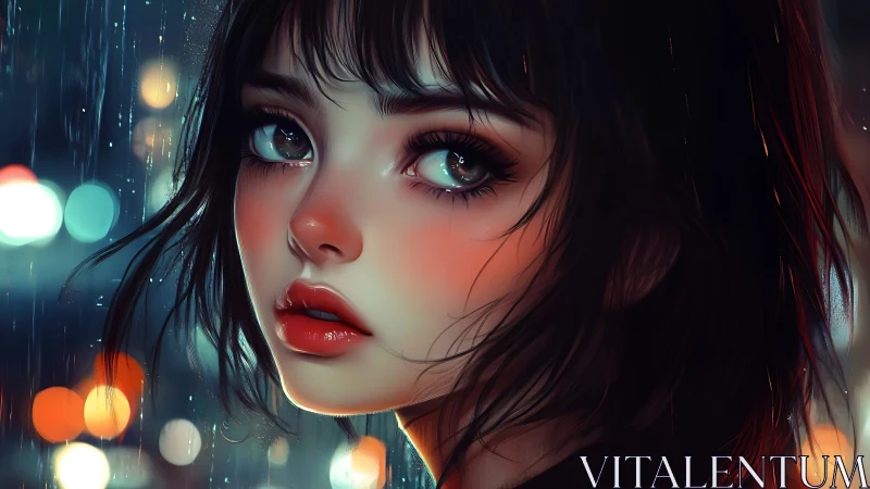 Soft city lights cradle a soulful girl in the quiet rain