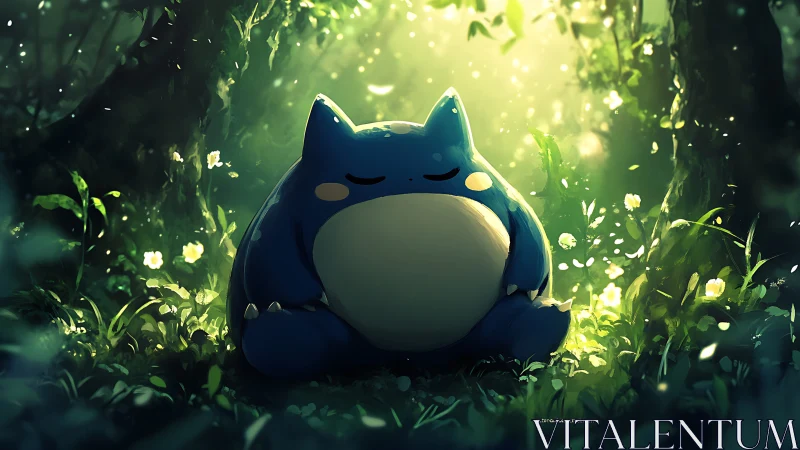 Blue creature resting in softly lit forest clearing.