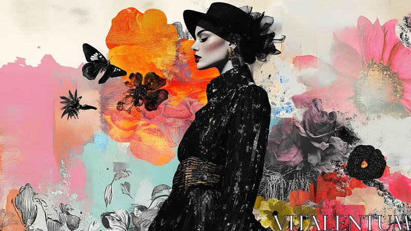 Elegant woman silhouette amid vivid floral collage burst