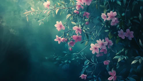 Atmospheric Botanical Study: Pink Blooms Against Teal Gradient.