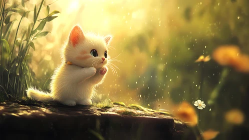 Luminous White Kitten in Diffused Golden Ambient Light.