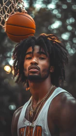 Basketball player under hoop in warm evening bokeh light