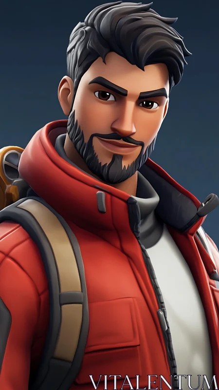 Stylized adventurer in red jacket with backpack portrait.