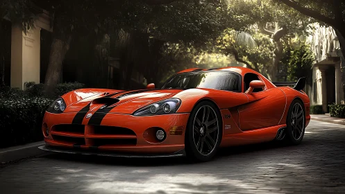 Aerodynamic orange supercar with dual black racing stripes.