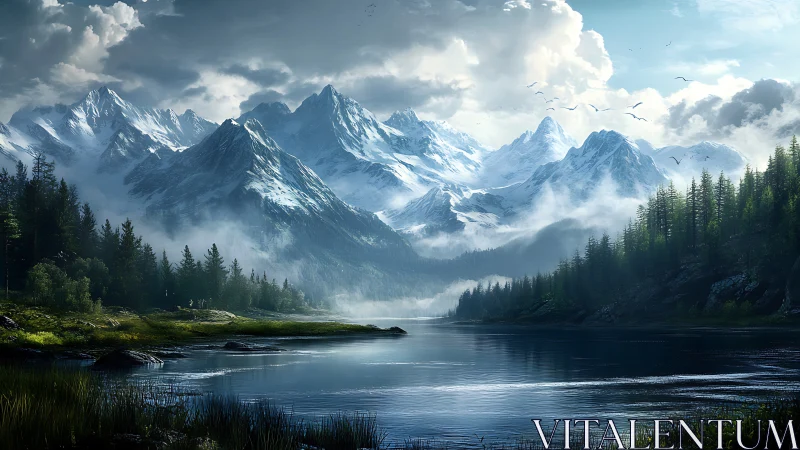 Snowcapped mountain range rises above reflective alpine lake