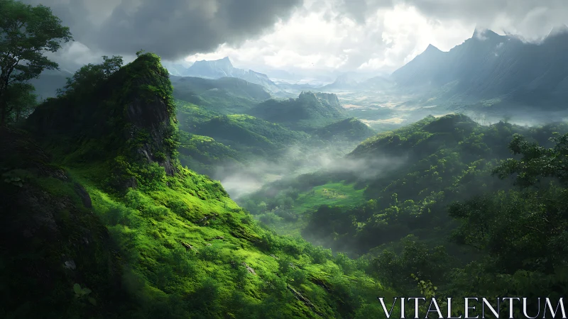 Volumetric-lit tropical valley with mist-laden emerald ridges