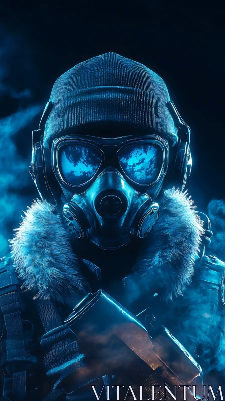 Spec ops soldier in gas mask with blue neon backlighting
