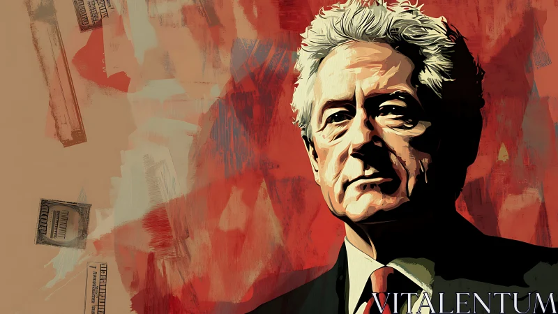 Stylized older man portrait over abstract money collage.