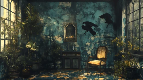 Decayed conservatory interior contrasts flight of crow silhouettes