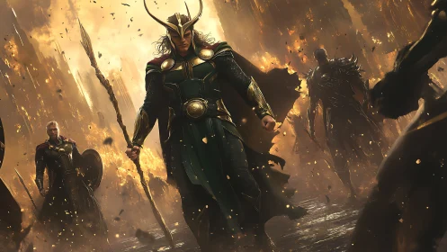 Armored figure with horned helm leading group in firelit ruins.