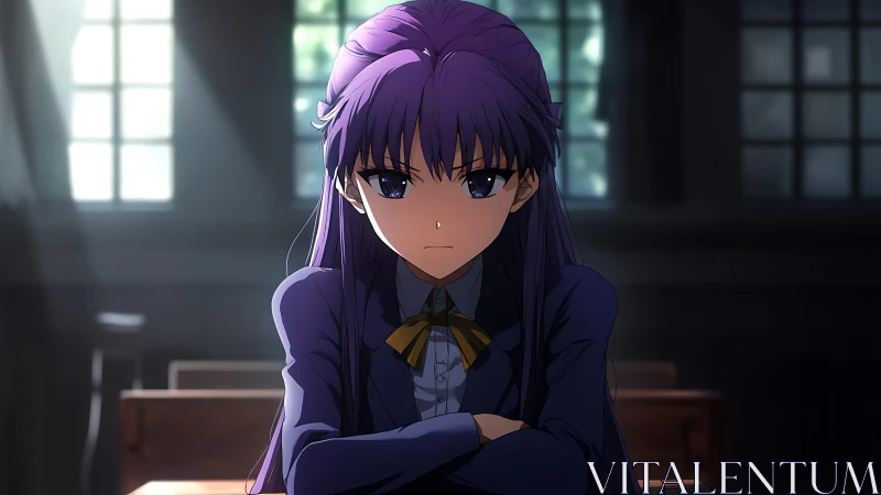 Anime student in dramatic classroom chiaroscuro lighting