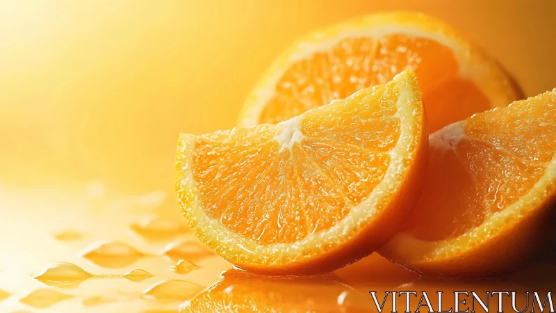 Glowing orange slices rest on glossy surface in warm light