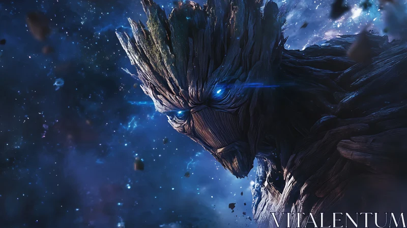 Cosmic wooden guardian glares across deep starfield void