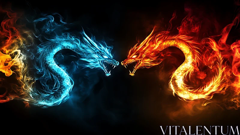 Dueling fire and ice dragons clash in blazing symmetry.