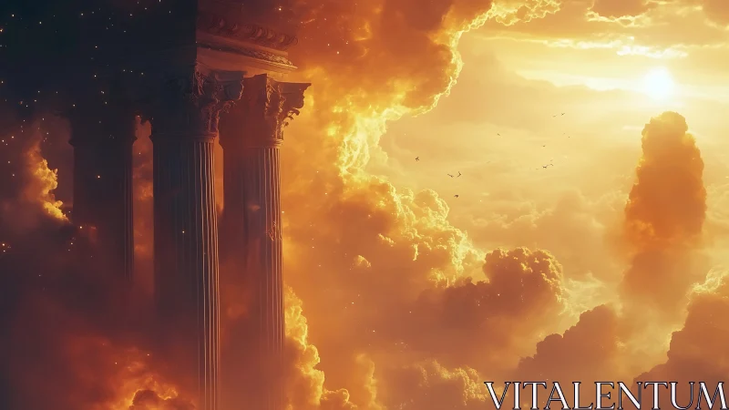 Sunlit clouds framing ancient columns in warm haze.