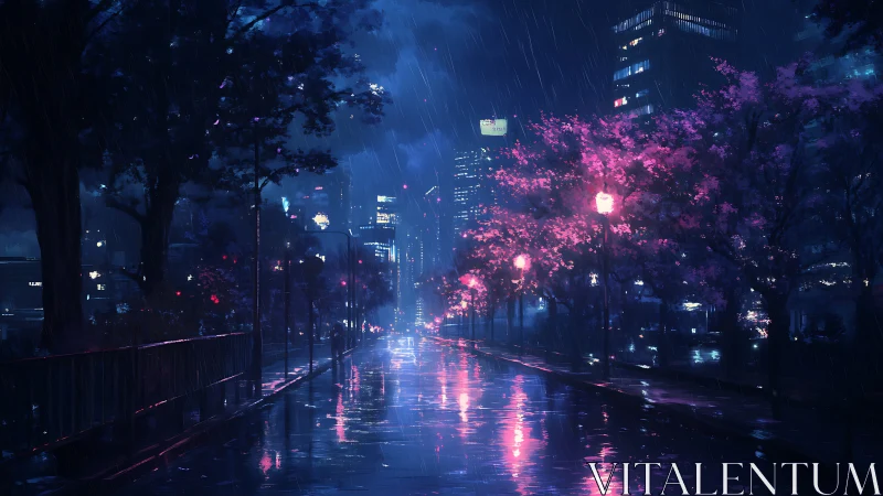 Neon rain drapes a cherry blossom boulevard in midnight hush.